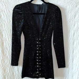 H:OURS by Revolve Shimmering Velvet Lace-Up Deep V-Neck Long Sleeve Mini Dress